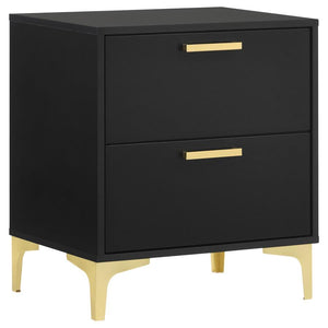 Flank your bedside with this modern glam nightstand. A smooth, boxy frame with a bold, black finish offers a simple, clean aesthetic. Two spacious drawers invite you to keep pajamas, garments, and bed linens close at hand. Fastened to each drawer is a sle