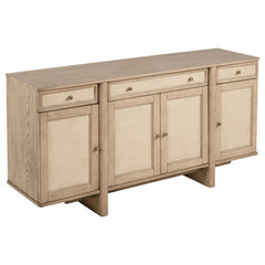 Bring both beauty and functionality to your dining or living space with this elegantly crafted sideboard. Featuring a warm, beige oak wood finish, this sideboard offers ample storage with three spacious drawers and three cabinet compartments behind four d