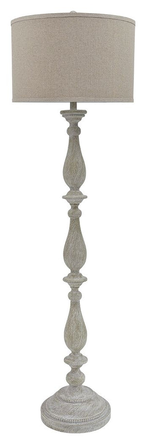 With its whitewash finish, this floor lamp is full of character and style. Its candlestick design and drum shade will add a dose of casual chicness to your living space.<br><br><b>Additional Dimensions</b><br><ul><li>Shade: 0-"</li><li>Base: 0-"</li><li>C