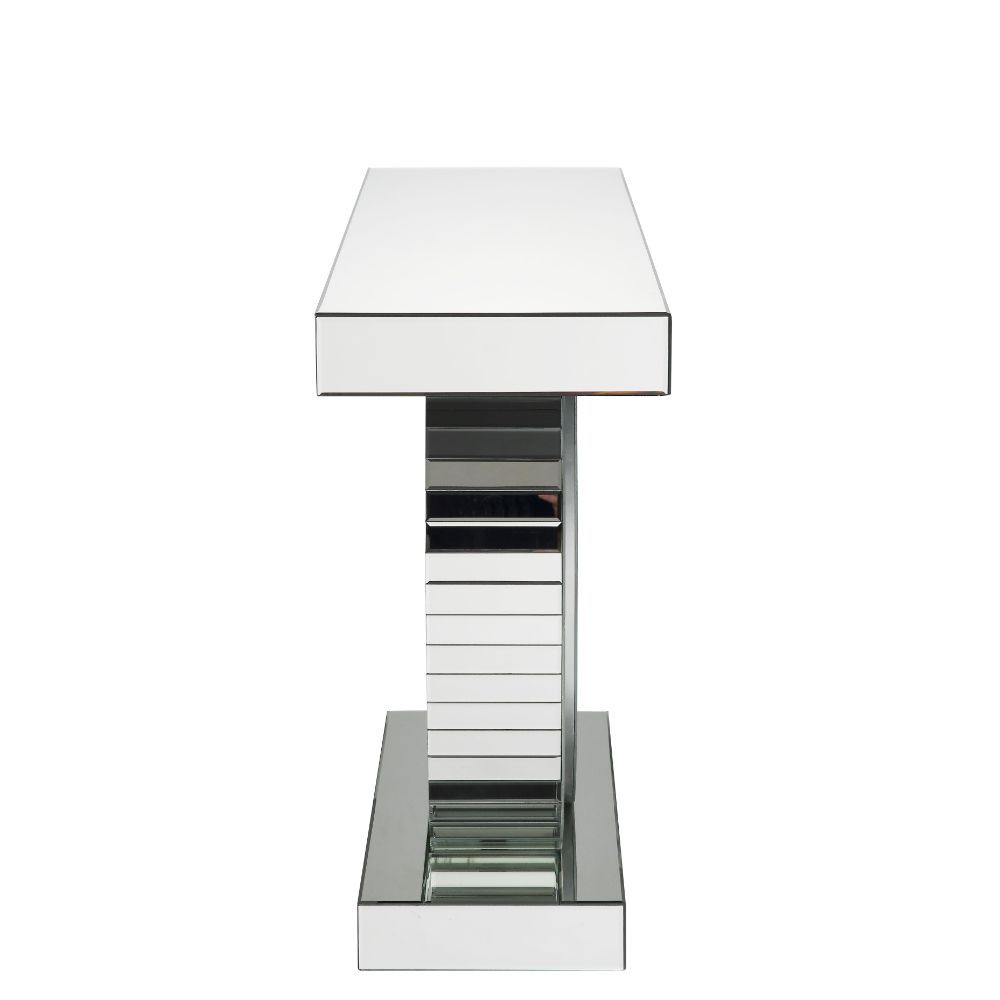 KD, Rectangular Console Table Beveled Mirrored Finish, Clear Glass with Faux Crystal Inlay (Back Unfinished) Orientation: Free Standing NO Storage (Pedestal Base) CONSTRUCTION Top & Apron: Mirror, MDF (Fixed Top/No Leaves) Mirrored Base: Geometric Shape P