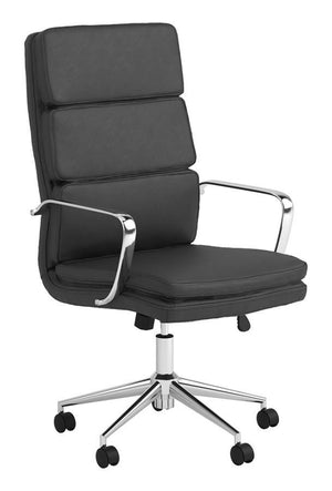 Update your workspace with this modern office chair. A chrome finish on the chair base and contoured arms are a modern touch as is the horizontal stitching on the seat back. This cushioned office chair features an ergonomically contoured back for ideal su