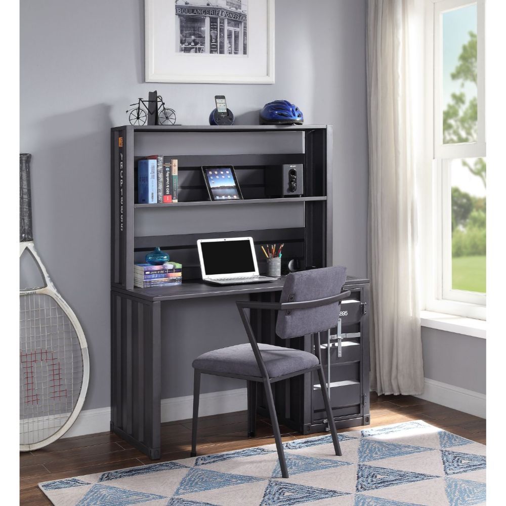 The Cargo computer desk and hutch have a industrial look and ample space that makes it perfect for your dorm, bedroom, or home office. This computer desk constructed of durable iron metal in a crisp gunmetal painted finish. It has a top compartment as wel