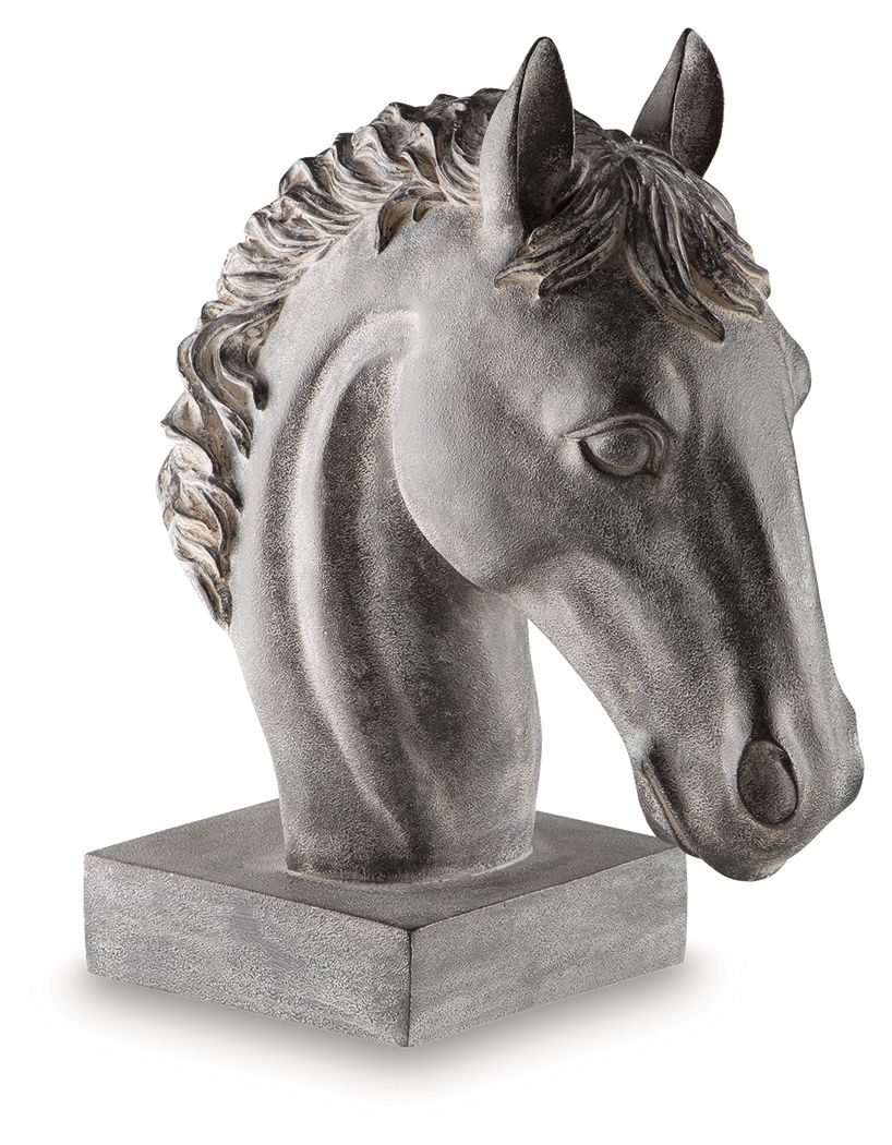An exquisite work of art, this horse head sculpture is sure to grace your space with traditional flair. The antiqued black finish is rich with depth and character. What a striking mane attraction for a bookcase, desk or entryway table.<br/><br/><b>Product