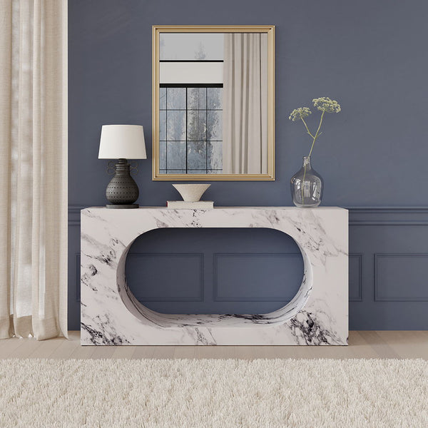 This console cabinet offers a striking white finish, creating a modern focal point in any space.Fritzy-'s bold marble design with unique cutout shapes adds an artistic flair, seamlessly blending functionality with contemporary style. Perfect for displayin