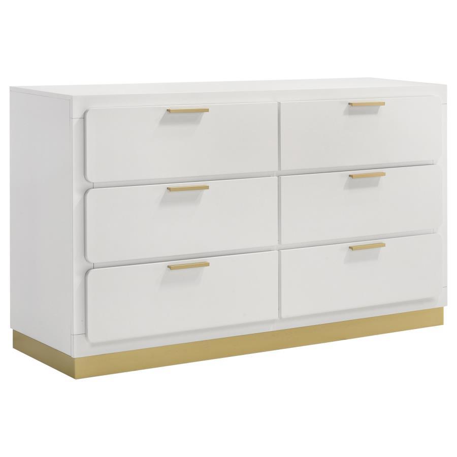 Modern luxury with a minimalist look offers a perfect fit for updated bedrooms as the six-drawer enhances a sleek master suite or guest bedroom. Wood and wood products construct a dresser with clean lines and a stylish Mid-Century Modern vibe. This dresse