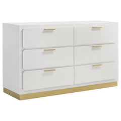 Modern luxury with a minimalist look offers a perfect fit for updated bedrooms as the six-drawer enhances a sleek master suite or guest bedroom. Wood and wood products construct a dresser with clean lines and a stylish Mid-Century Modern vibe. This dresse