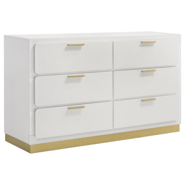 Modern luxury with a minimalist look offers a perfect fit for updated bedrooms as the six-drawer enhances a sleek master suite or guest bedroom. Wood and wood products construct a dresser with clean lines and a stylish Mid-Century Modern vibe. This dresse