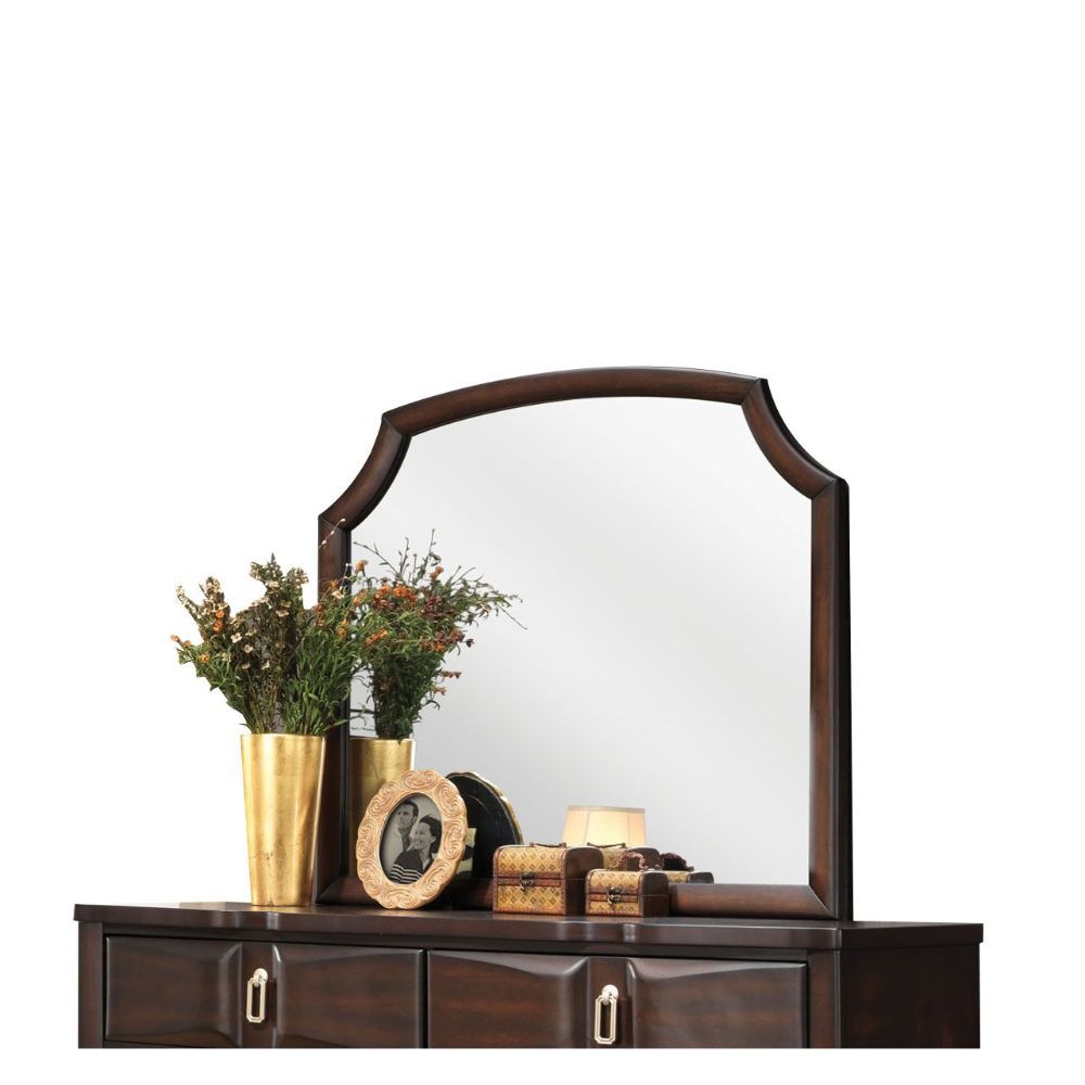 The Lancaster mirror is in espresso finish. The distinctive shape of the mirror will give the bedroom a fresh look. Create unique and modern flair to your bedroom with this transitional mirror.<br/><br/><b>Product Features</b><ul><li>Case: 1Pc/1Ctn</li><l