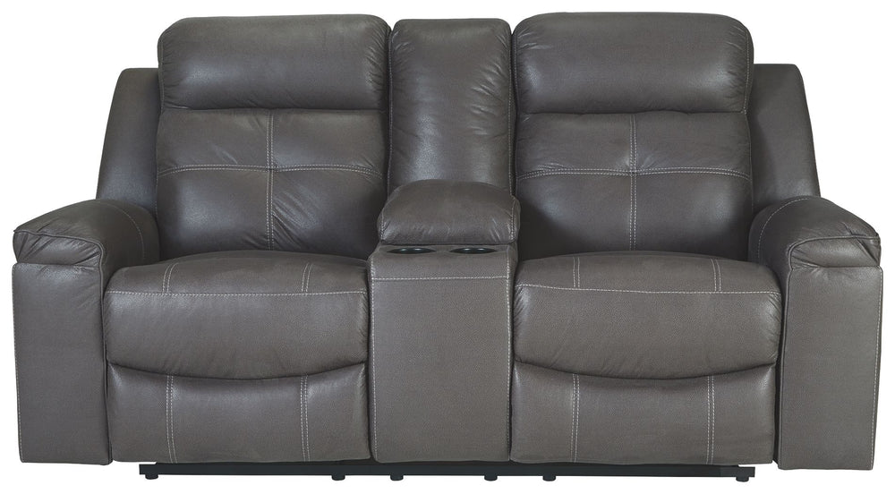 Rustic character comes forth in this reclining loveseat with console. Designer stitching adds a fashion-forward touch to its soft cushions. Faux suede fabric speaks to your knack for superior-quality materials. The loveseatâ€™s high back provides ample su