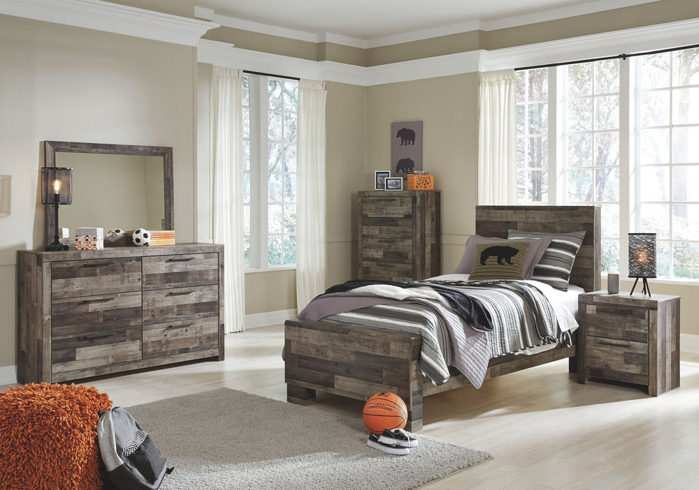Rustic butcher block finish over replicated pine grain with authentic touch. Cases feature a framed front and pilasters. Bed features a thick and heavy design. Contemporary handles in an antiqued gunmetal finish. Side roller glides for smooth operating dr