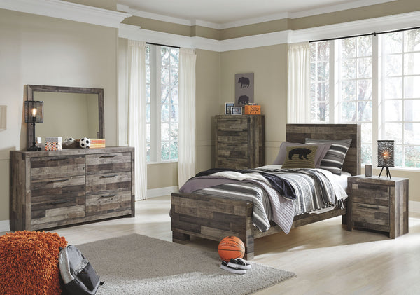 Rustic butcher block finish over replicated pine grain with authentic touch. Cases feature a framed front and pilasters. Bed features a thick and heavy design. Contemporary handles in an antiqued gunmetal finish. Side roller glides for smooth operating dr