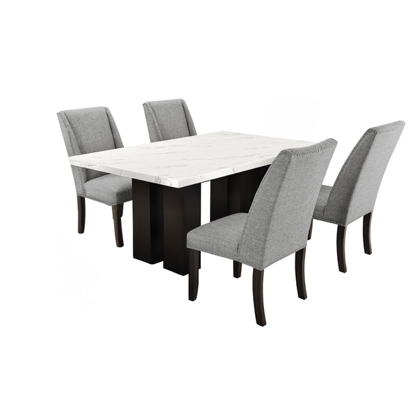 The Faust 5 Piece Dining Set combines unparalleled luxury with exceptional craftsmanship, making it an exquisite addition to any dining space. This set includes a stunning white faux marble dining table and four elegantly upholstered Parsons dining chairs