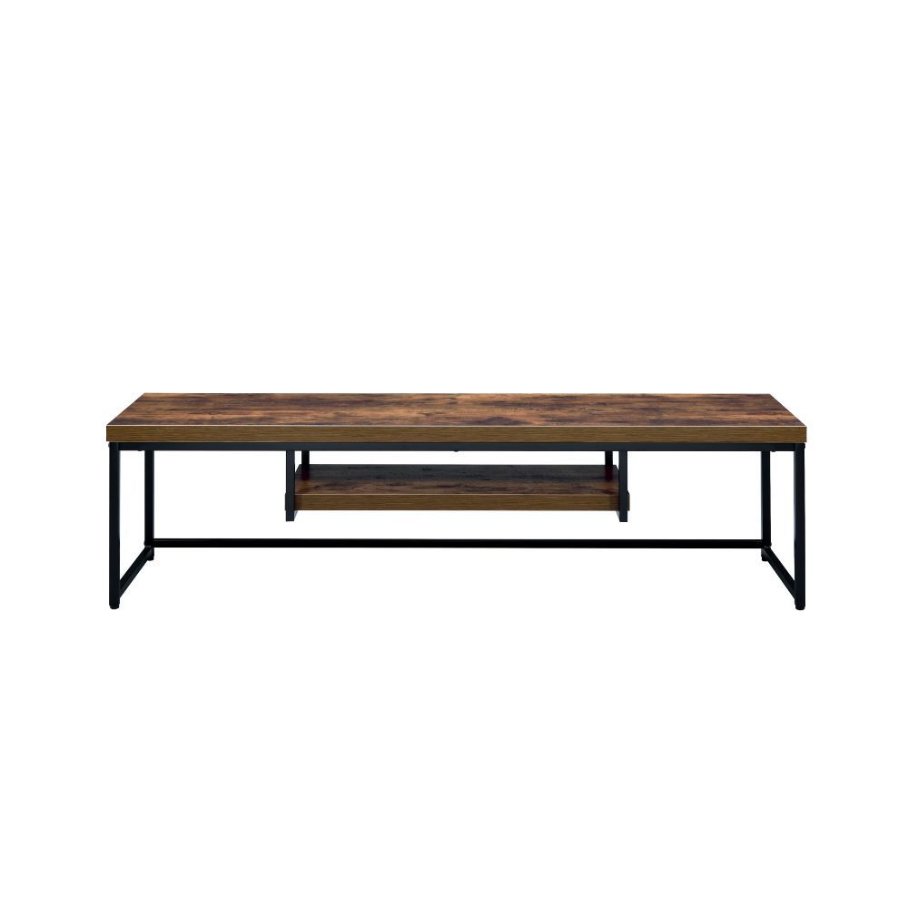 The Bob tv stand simply states that you are up with the times, with its industrial looks and the mixing of black metal with weathered oak. The thicker wood top is supported by lighter scaled black metal lags and an stretcher which assures for a sturdy sur
