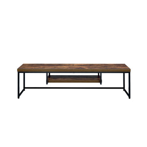 with its industrial looks and the mixing of black metal with weathered oak. The thicker wood top is supported by lighter scaled black metal lags and an stretcher which assures for a sturdy sur