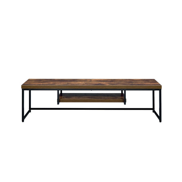  with its industrial looks and the mixing of black metal with weathered oak. The thicker wood top is supported by lighter scaled black metal lags and an stretcher which assures for a sturdy sur