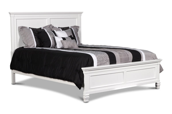 The Tamarack Wood Panel Bed in white is a true standout, showcasing durable construction with a blend of solid poplar, basswood veneers, and eco-friendly manufactured wood for unmatched strength and longevity. This bed-'-'s versatile transitional style ma