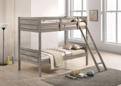 Minimal, clean shapes and lines invite you to rest in this transitional bunk bed. Designed in a weathered taupe finish accented by a dark border along the sides, this understated bunk bed is the perfect addition to a modern farmhouse home, or a contempora