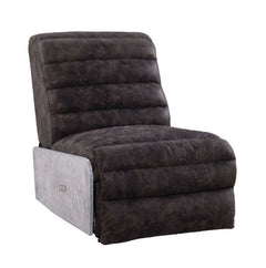 A perfect mixture of industrial style and comfort. The Okzuil Power Motion Recliner is accented by genuine leather and aluminum patchwork for a complete industrial look. It features tight seat and back cushions and offers a full foam seat with genuine lea