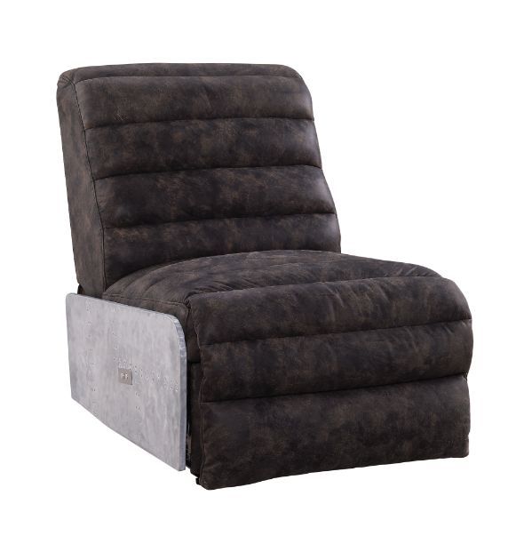 A perfect mixture of industrial style and comfort. The Okzuil Power Motion Recliner is accented by genuine leather and aluminum patchwork for a complete industrial look. It features tight seat and back cushions and offers a full foam seat with genuine lea