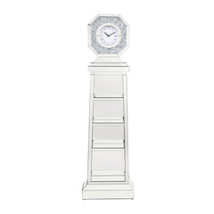 Noralie - Grandfather Clock - Mirrored & Faux Diamonds - 19-"<br/><br/><b>Product Features</b><ul><li>Grandfather Clock</li><li>Standing Flat Wall</li><li>Storage: 4 Open Compartments</li><li>Beveled Mirrored Case-Frame with Faux Diamonds & Clear Glass In