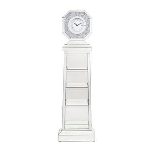 Noralie - Grandfather Clock - Mirrored & Faux Diamonds - 19-"<br/><br/><b>Product Features</b><ul><li>Grandfather Clock</li><li>Standing Flat Wall</li><li>Storage: 4 Open Compartments</li><li>Beveled Mirrored Case-Frame with Faux Diamonds & Clear Glass In