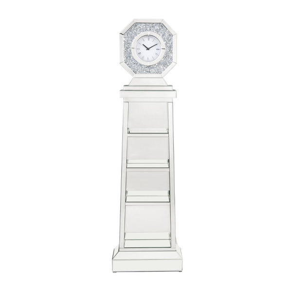 Noralie - Grandfather Clock - Mirrored & Faux Diamonds - 19-"<br/><br/><b>Product Features</b><ul><li>Grandfather Clock</li><li>Standing Flat Wall</li><li>Storage: 4 Open Compartments</li><li>Beveled Mirrored Case-Frame with Faux Diamonds & Clear Glass In
