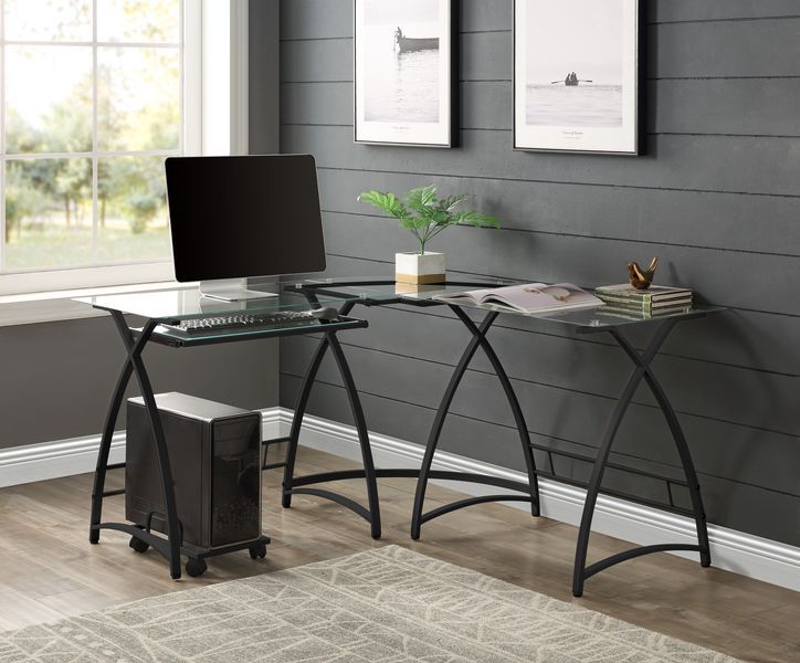 Corner Computer Desk Orientation: -"L-" Shape Metal Base: Curved X-ShapeSpace SavingRectangular Table Top w/Tempered GlassKey Board Tray IncludedComputer Holder Included<br/><br/><b>Product Features</b><ul><li>Corner Computer Desk</li><li>Orientation: -"L