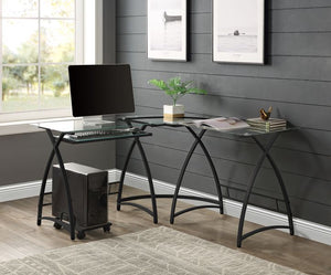 Corner Computer Desk Orientation: -"L-" Shape Metal Base: Curved X-ShapeSpace SavingRectangular Table Top w/Tempered GlassKey Board Tray IncludedComputer Holder Included<br/><br/><b>Product Features</b><ul><li>Corner Computer Desk</li><li>Orientation: -"L