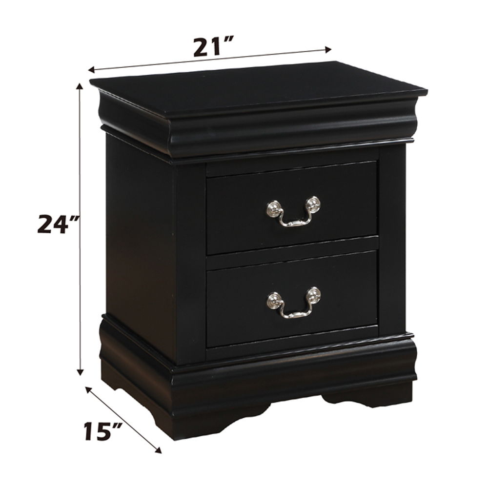 The Louis Philippe nightstand boasts engineered wood and veneer craftsmanship for enduring elegance. Brush nickel metal hardware adorns each of the drawer fronts and it-'s framed by crown molding detail.<br/><br/><b>Product Features</b><ul><li>Casegood Dr