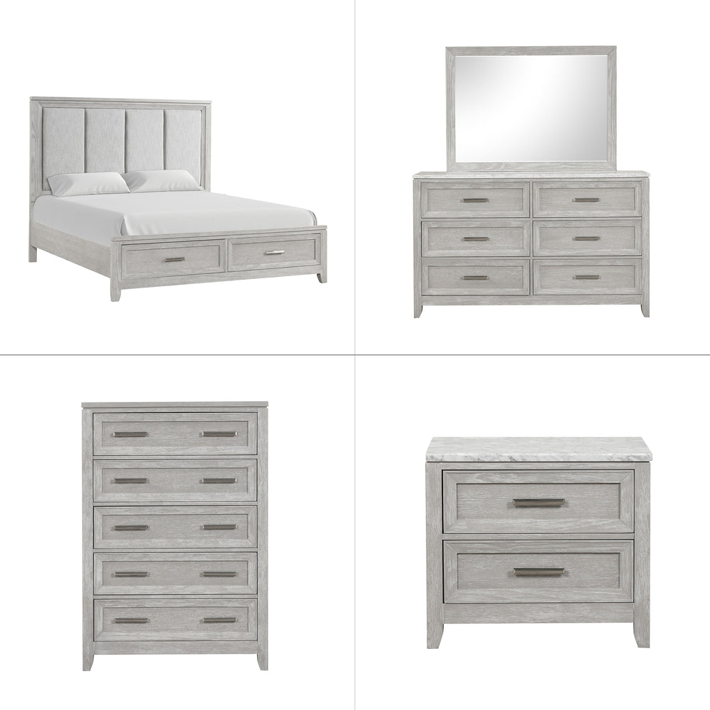 Discover the Fiona 5 Piece Bedroom Set, a collection that promises both style and functionality for your sanctuary. This suite features a storage bed with a plush upholstered headboard, designed for ultimate comfort and convenience. The suite is complemen