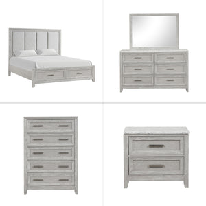 Discover the Fiona 5 Piece Bedroom Set, a collection that promises both style and functionality for your sanctuary. This suite features a storage bed with a plush upholstered headboard, designed for ultimate comfort and convenience. The suite is complemen