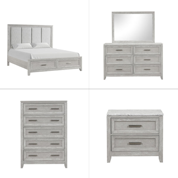 Discover the Fiona 5 Piece Bedroom Set, a collection that promises both style and functionality for your sanctuary. This suite features a storage bed with a plush upholstered headboard, designed for ultimate comfort and convenience. The suite is complemen