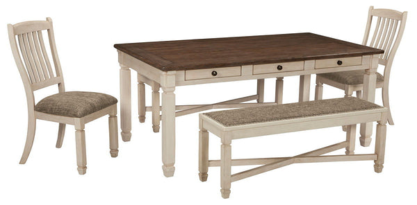 Unique two-tone finish with a combination of Oak and Acacia substrates combining a trendy textured antique white color with table and server tops finished in a textural weathered oak finish. Rectangular dining table features six convenient drawers for sto