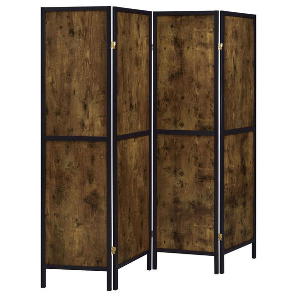 Separate a classic space with this warm four-panel screen. Sleek and clean, the legs feature a dark finish that adds structure to the divider. In an antique nutmeg finish, the panels showcase an exposed wood grain that adds depth to any shared bed or livi