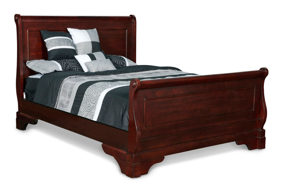 The Versailles Wood Sleigh Bed in Bordeaux Cherry is a beautifully crafted centerpiece for any bedroom. This set includes a headboard, footboard, two side rails, and a slat kit, all expertly constructed from solid Poplar, manufactured woods, and genuine b