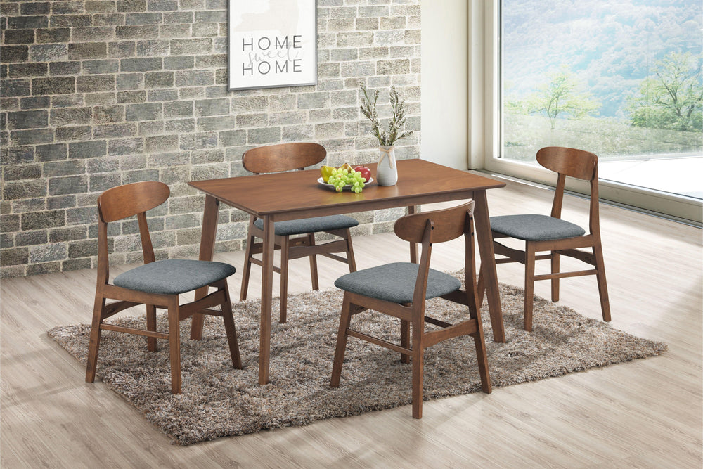 The New Classic Morocco Dining Chairs are a picture of Mid-Century Modern design with tapered legs, curved oval seatbacks, and classic walnut brown color. Easy care, light gray 100% polyester foam cushions provide comfortable seating. A perfect accent cha