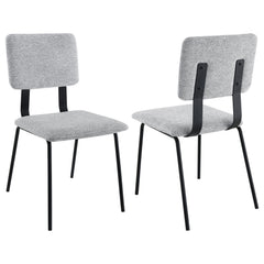 Reimagine your comfortable and inviting dining table with a set of two modern side chairs. Each features an armless profile with clean, slim lines for a versatile design. Sure to complement in a variety of settings, the chairs feature slim cushions with n