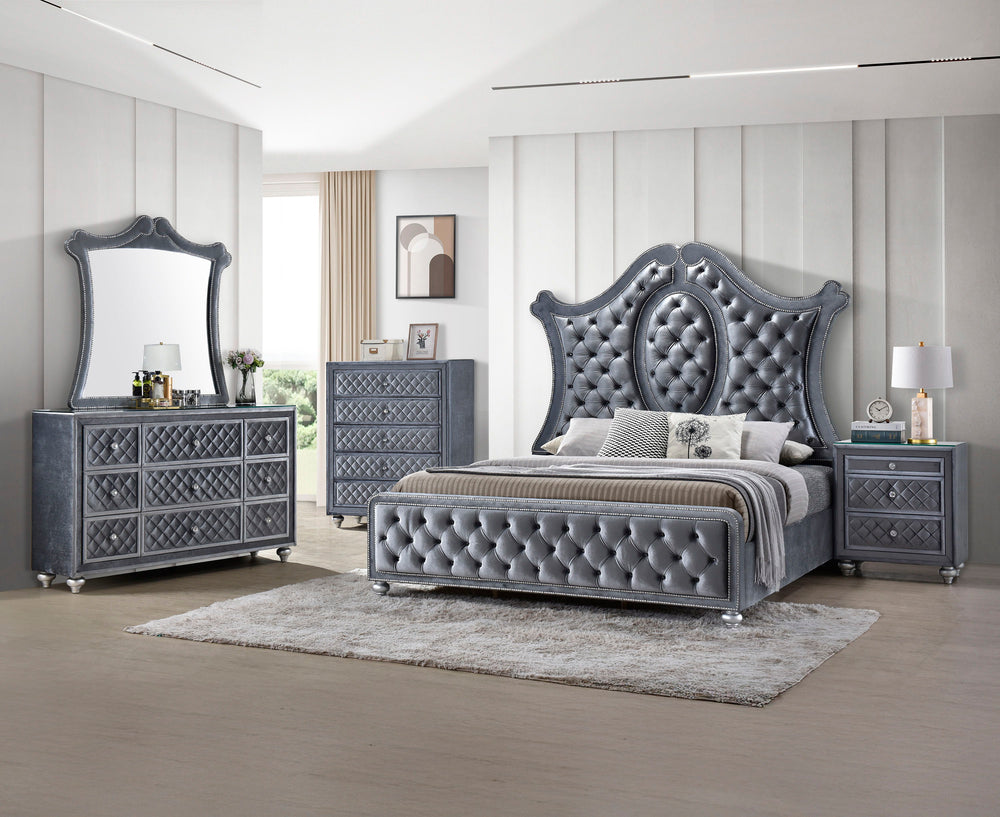 Indulge in the opulence and luxury of this exquisite bedroom collection, where classic glamour meets contemporary design. The grandeur of the tufted, upholstered headboard is framed by an elegantly sculpted silhouette, complemented by the plush finish tha