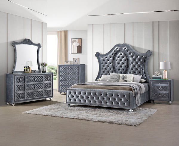 Indulge in the opulence and luxury of this exquisite bedroom collection, where classic glamour meets contemporary design. The grandeur of the tufted, upholstered headboard is framed by an elegantly sculpted silhouette, complemented by the plush finish tha