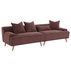 Create the ultimate spot for relaxation and comfortable lounging with a mid-century modern, extra-long, boxy low-profile sectional sofa. Upholstered in a soft wine red thin pinstripe corduroy, this sofa offers an appealing texture and plush comfort with f