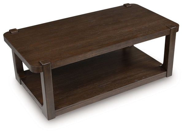  softly rounded corners and dark wood-tone finish lend a soothing sensibility. Rearranging your living room layout? The included casters make it easy to mo
