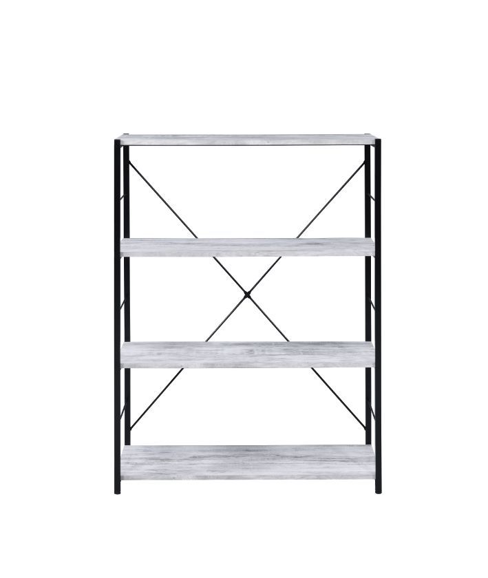 Meet the interesting contrast to rustic material and industrial design. This floor-standing bookshelf will stand out in any room with classic elements including the use of wood and metal. The black metal frame with -"X-" shaped back support adds industria