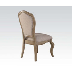 KD, Armless Chair Wooden Trim, Padded SEAT & BACK: Beige Fabric Cushion Button Tufted: Inside Backrest Welt Included: Backrest & Seat Wooden Curved Apron Seat Wooden Cabriole Leg<br/><br/><b>Product Features</b><ul><li>Case: 2Pc/1Ctn</li><li>Finish: Beige