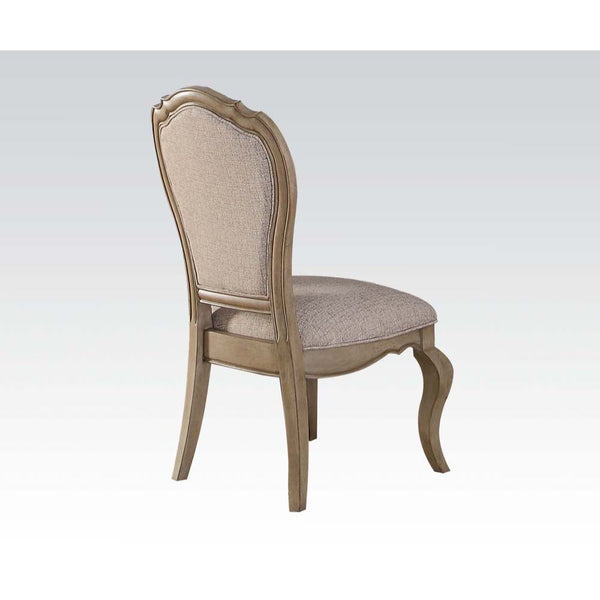 KD, Armless Chair Wooden Trim, Padded SEAT & BACK: Beige Fabric Cushion Button Tufted: Inside Backrest Welt Included: Backrest & Seat Wooden Curved Apron Seat Wooden Cabriole Leg<br/><br/><b>Product Features</b><ul><li>Case: 2Pc/1Ctn</li><li>Finish: Beige