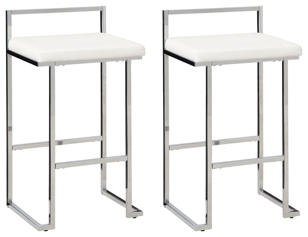Wowing with a slim but sturdy profile and sculptural design, this bar stool is sure to whet your appetite for ultra-contemporary style. Its comfortably cushioned seat is covered in a fabulous white faux leather, while the metal frameâ€™s chrome-tone finis