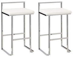 Wowing with a slim but sturdy profile and sculptural design, this bar stool is sure to whet your appetite for ultra-contemporary style. Its comfortably cushioned seat is covered in a fabulous white faux leather, while the metal frameâ€™s chrome-tone finis