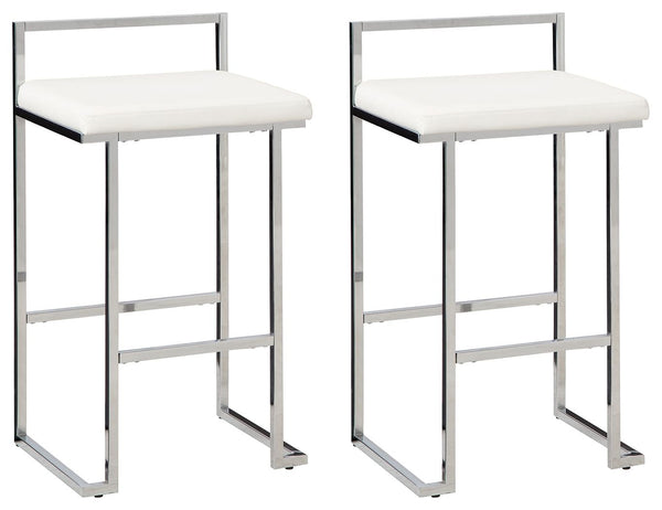 Wowing with a slim but sturdy profile and sculptural design, this bar stool is sure to whet your appetite for ultra-contemporary style. Its comfortably cushioned seat is covered in a fabulous white faux leather, while the metal frameâ€™s chrome-tone finis