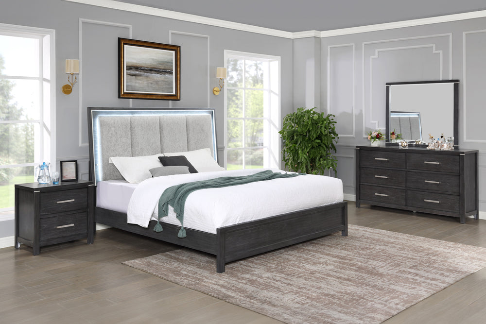 Experience the epitome of sophistication with the Odessa 4 Piece Bedroom Set. This ensemble includes a beautifully illuminated bed, a six-drawer dresser, a mirror and a two-drawer nightstand, all in a captivating charcoal gray finish. Crafted from robust 