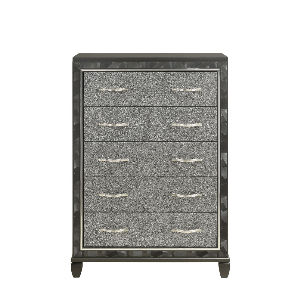 Introducing the Radiance 5 Drawer Chest in Black Pearl, meticulously crafted for lasting stability and durability from a combination of Solid Rubberwood and manufactured woods. Its semi-gloss lacquer black pearl finish lends a silky, modern touch to this 