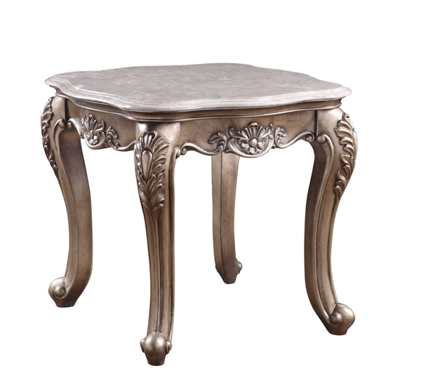 Rectangular End Table â€¢ NO Storage â€¢ Marble Top â€¢ Wooden Frame with Raised Scrolled Trim and Floral Motifs (Vintage Hand-Brush Finish) â€¢ Queen Anne Leg<br/><br/><b>Product Features</b><ul><li>Exclusive Design</li><li>Occasional Tables</li><li>Marb